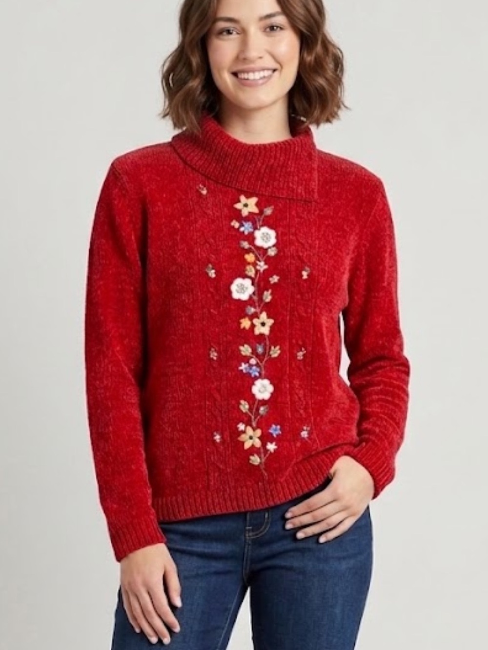 Vtg ALFRED DUNNER Red Chenille Collar Sweater Embroidery 90s Preppy Women Large